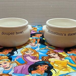 Mud Pie Cream Ceramic Soup Bowls - "Souper bowl" & "Somethin's stewin'"